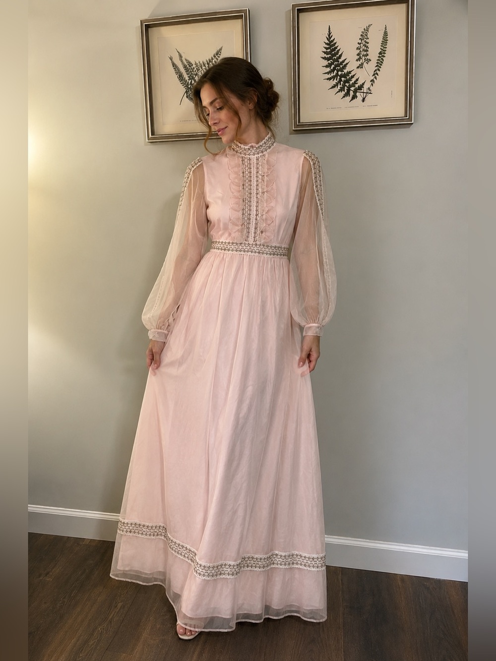 VTG 70's Pink Ruffle & Lace Maxi Dress Size XS